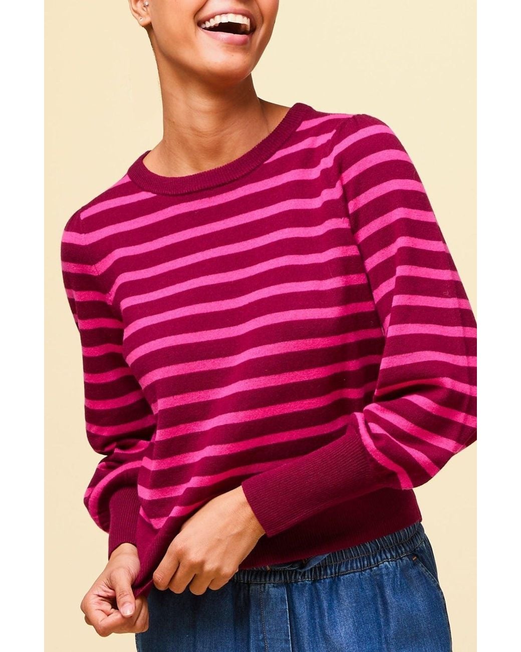 Aspiga Pink Ladies Sustainable Crew Neck Jumper Merino Wool Stripe Balloon Sleeve Wine