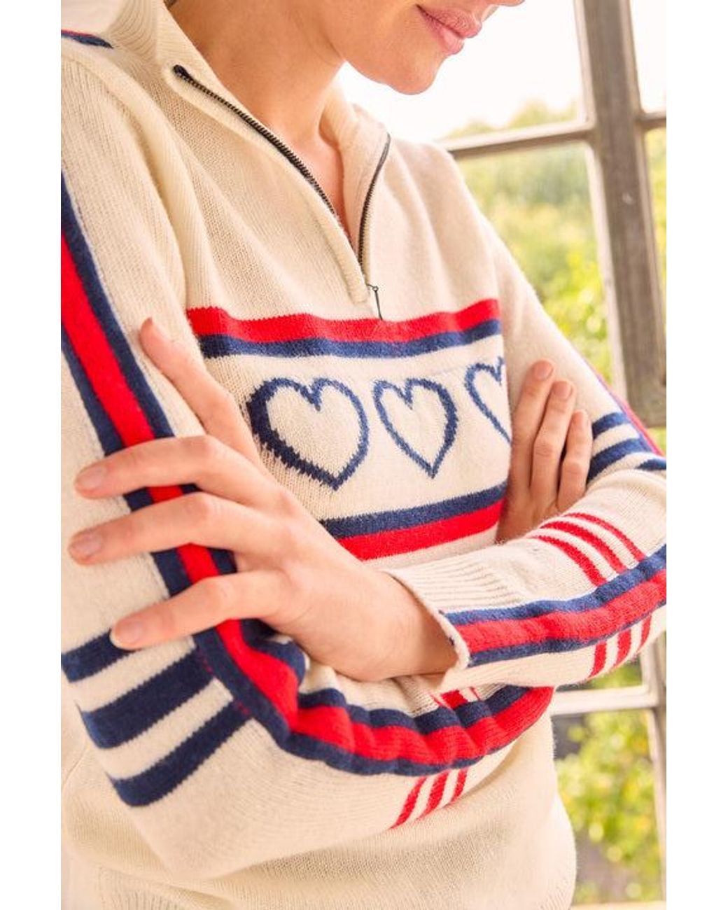 Aspiga Pink Ladies Sustainable Quarter Zip Jumper Merino Wool Stripe Hearts Cream
