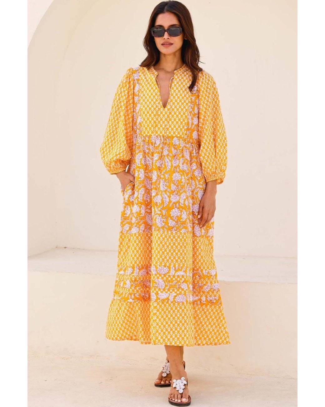 Aspiga Yellow Ladies Sustainable Martha Organic Cotton Mix Print Summer Dress Dianthus Print