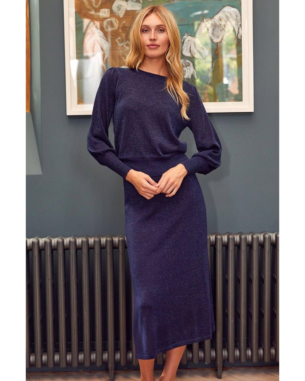 Aspiga Blue Ladies Sustainable Metallic Knit Midi Skirt Viscose