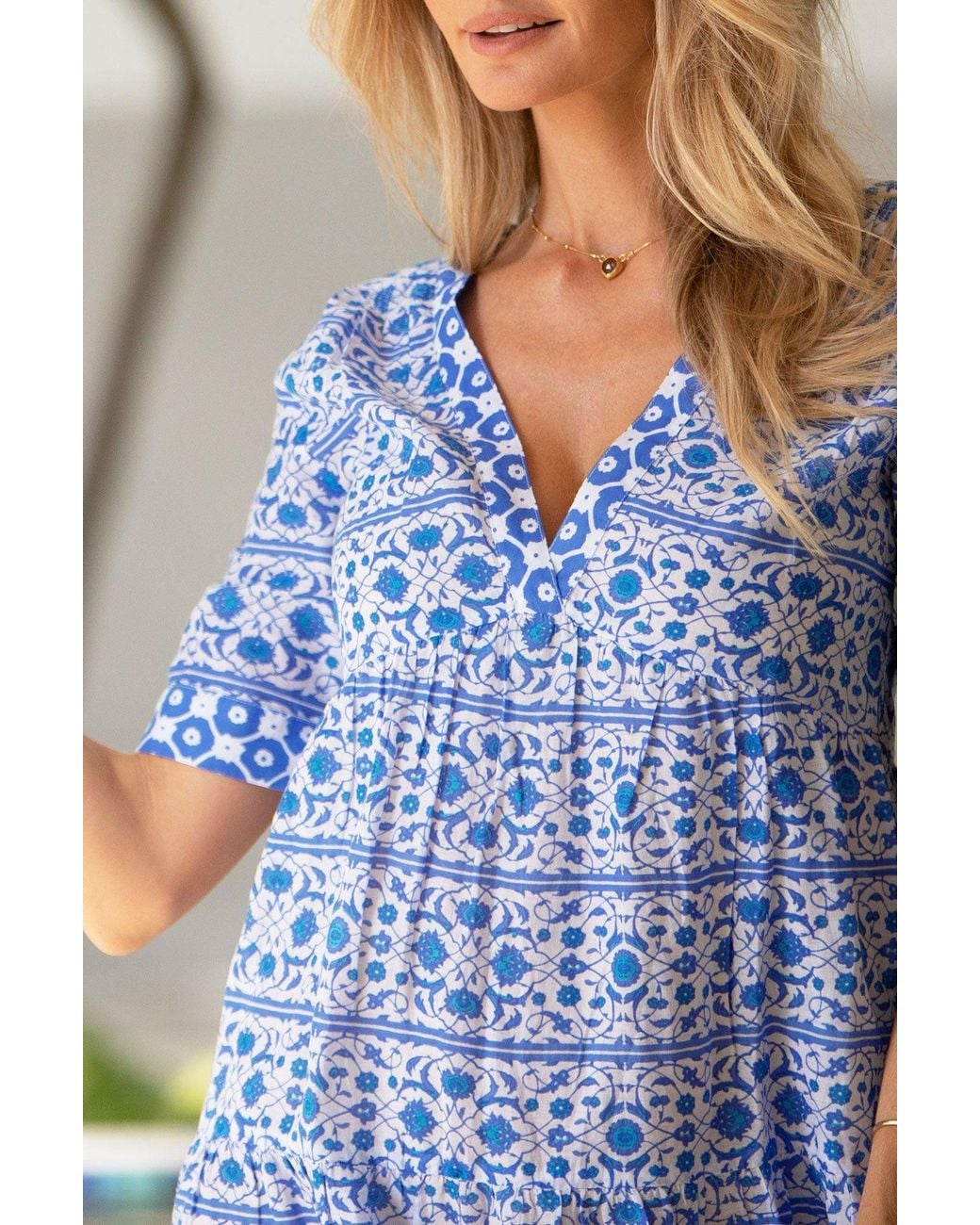 Aspiga Blue Sustainable Santorini Cotton Dress Summer Holiday Printed Beach Cover Up