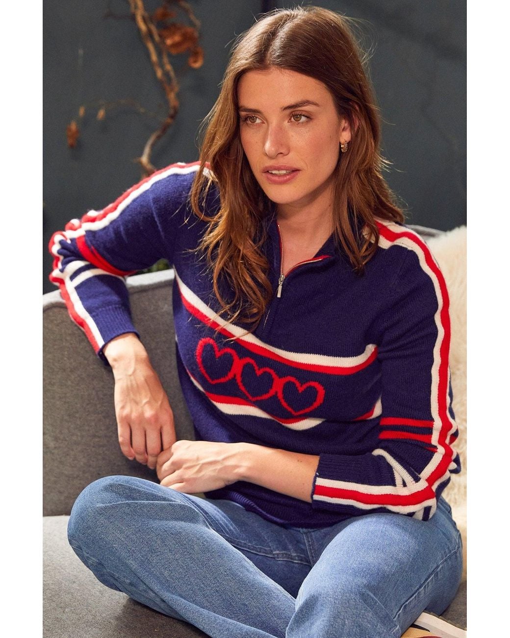 Aspiga Blue Ladies Sustainable Quarter Zip Jumper Merino Wool Stripe Hearts Cream
