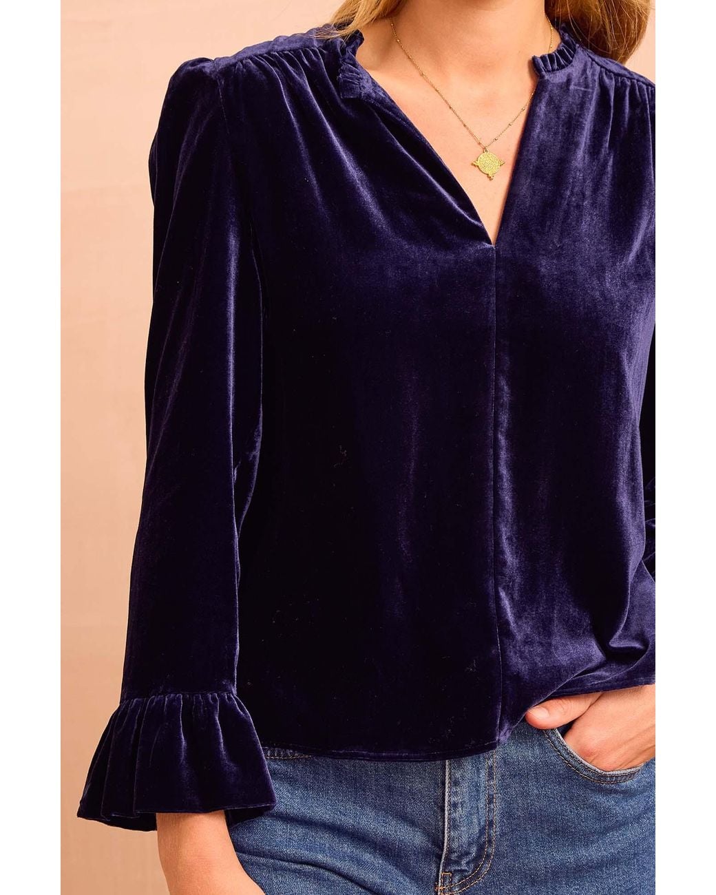 Aspiga Blue Ladies Ethical Astrid Velvet V-Neck Fluttered Sleeve Top