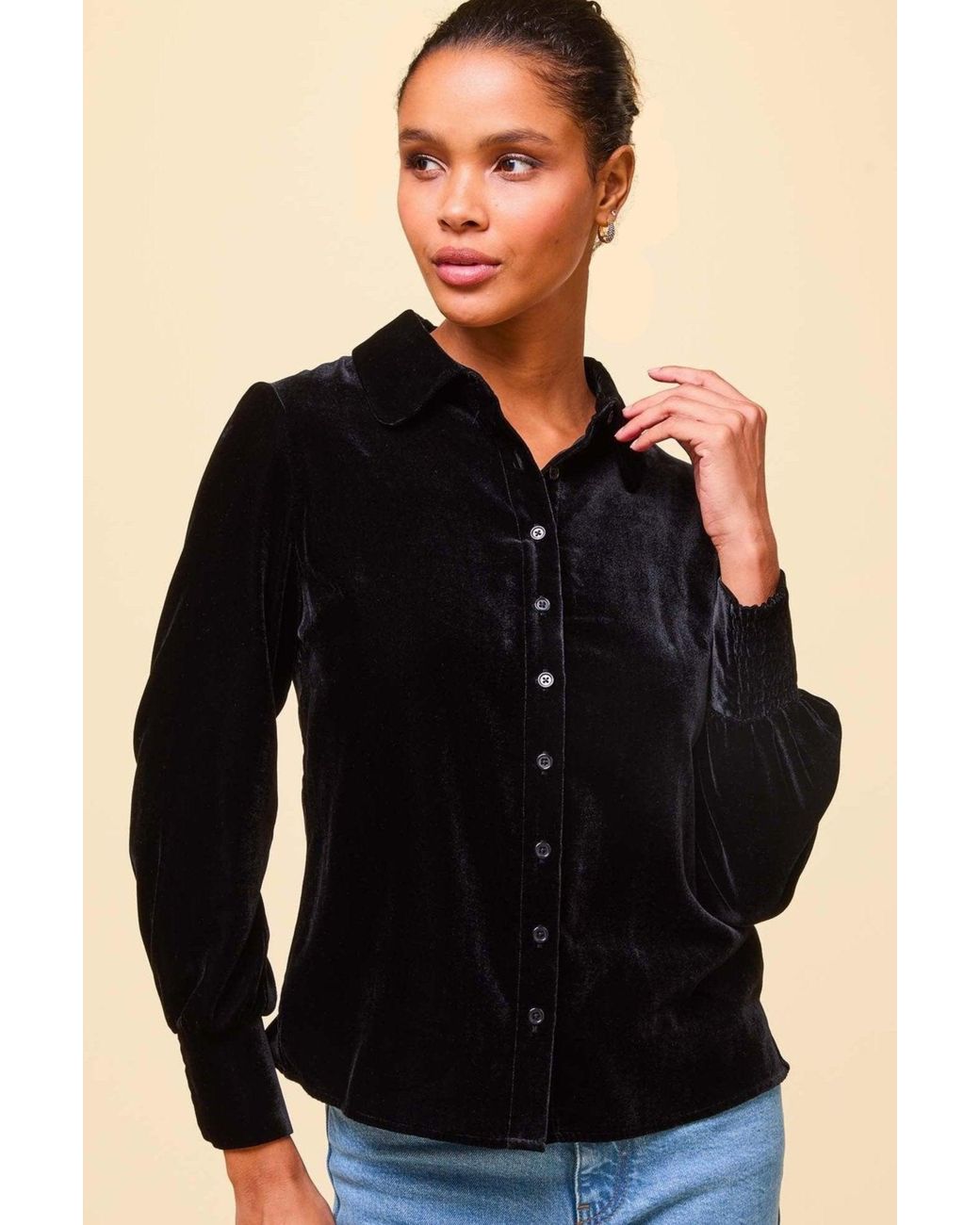 Aspiga Black Ladies Sustainable Ffion Velvet Shirt Detachable Neck Bow
