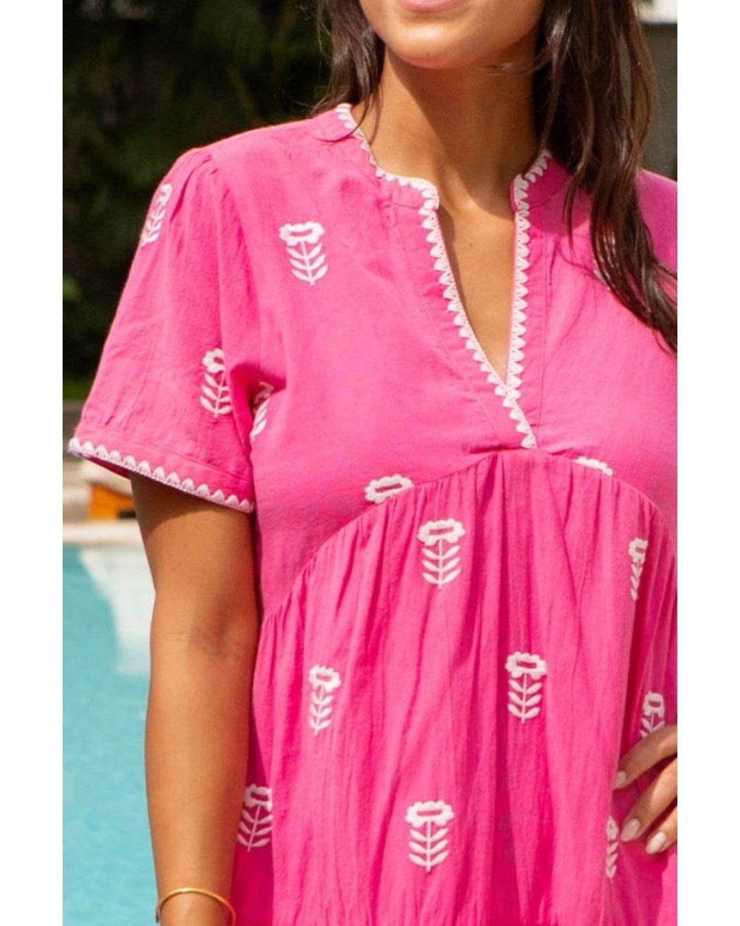 Aspiga Pink Ladies Sustainable India Embroidered Dress Organic Cotton Short Sleeve Summer Holiday Beach Cover Up Mini Strawberry Embroidery