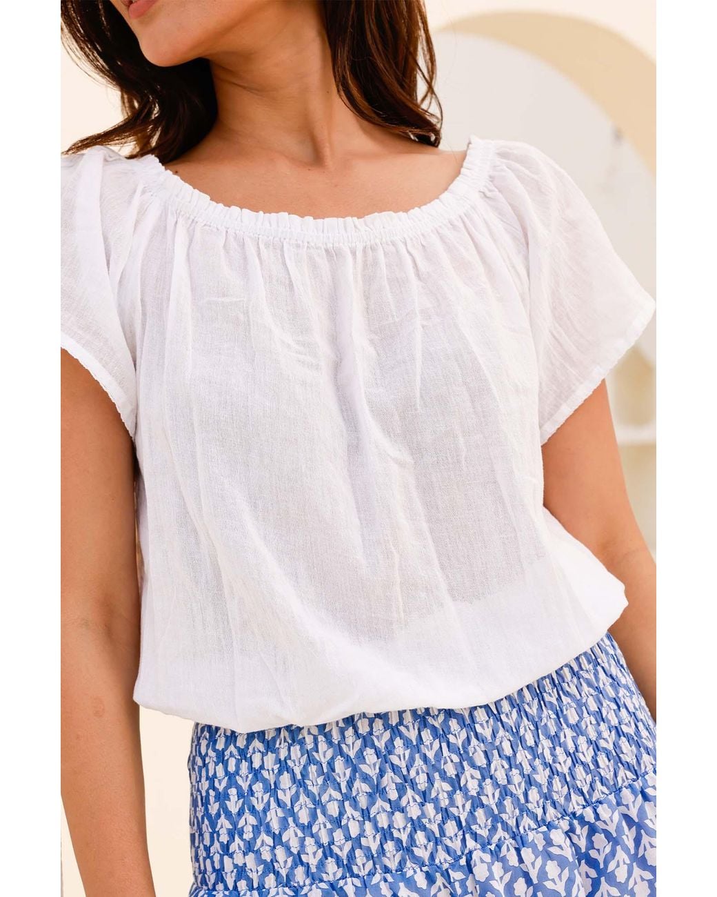 Aspiga Blue Sustainable Ilana Frill Gauze Organic Cotton Top Summer Holiday On Off The Shoulder