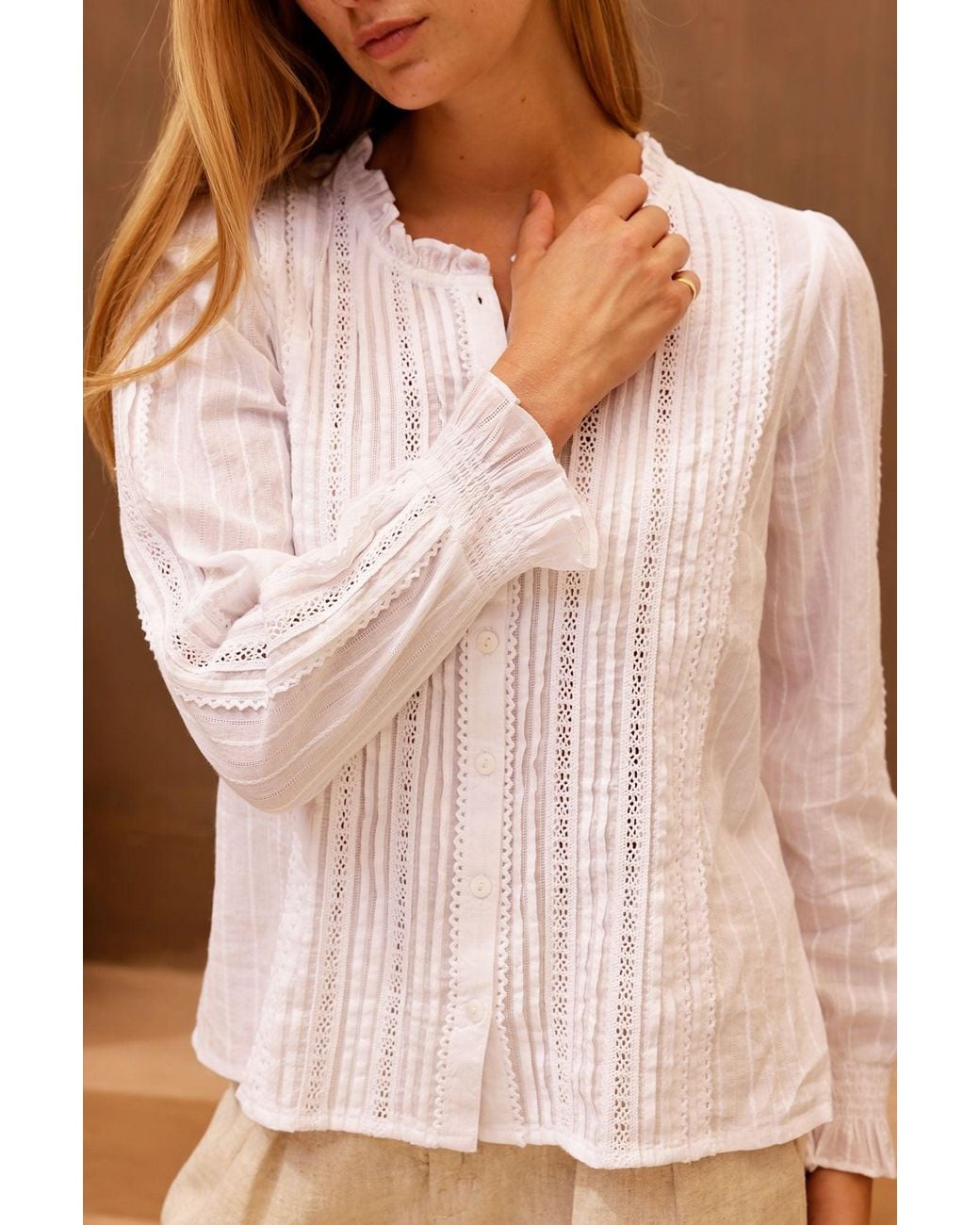 Aspiga Brown Ladies Ethical Vienna Long Sleeve Cotton Blouse Summer Lace Detailing