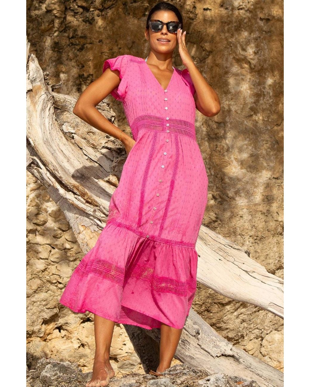 Aspiga Pink Ladies Sustainable Nyla Cotton Maxi Kaftan Dress Summer Holiday Beach Cover Up Bright