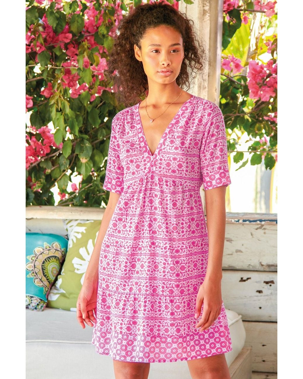 Aspiga Pink Sustainable Santorini Cotton Kaftan Dress Summer Holiday Printed Beach Cover Up
