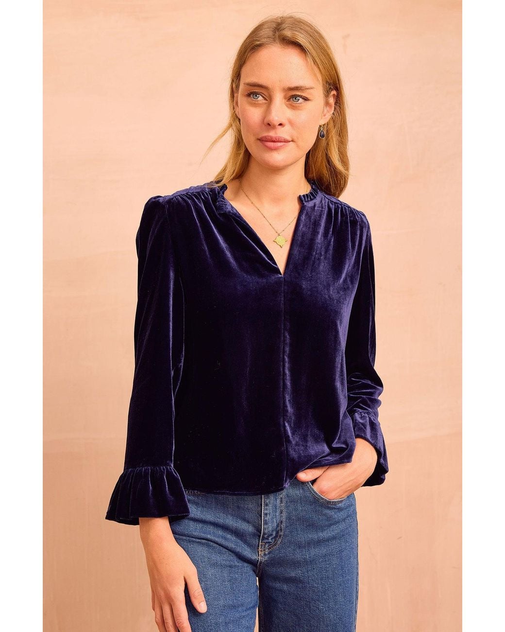 Aspiga Blue Ladies Ethical Astrid Velvet V-Neck Fluttered Sleeve Top