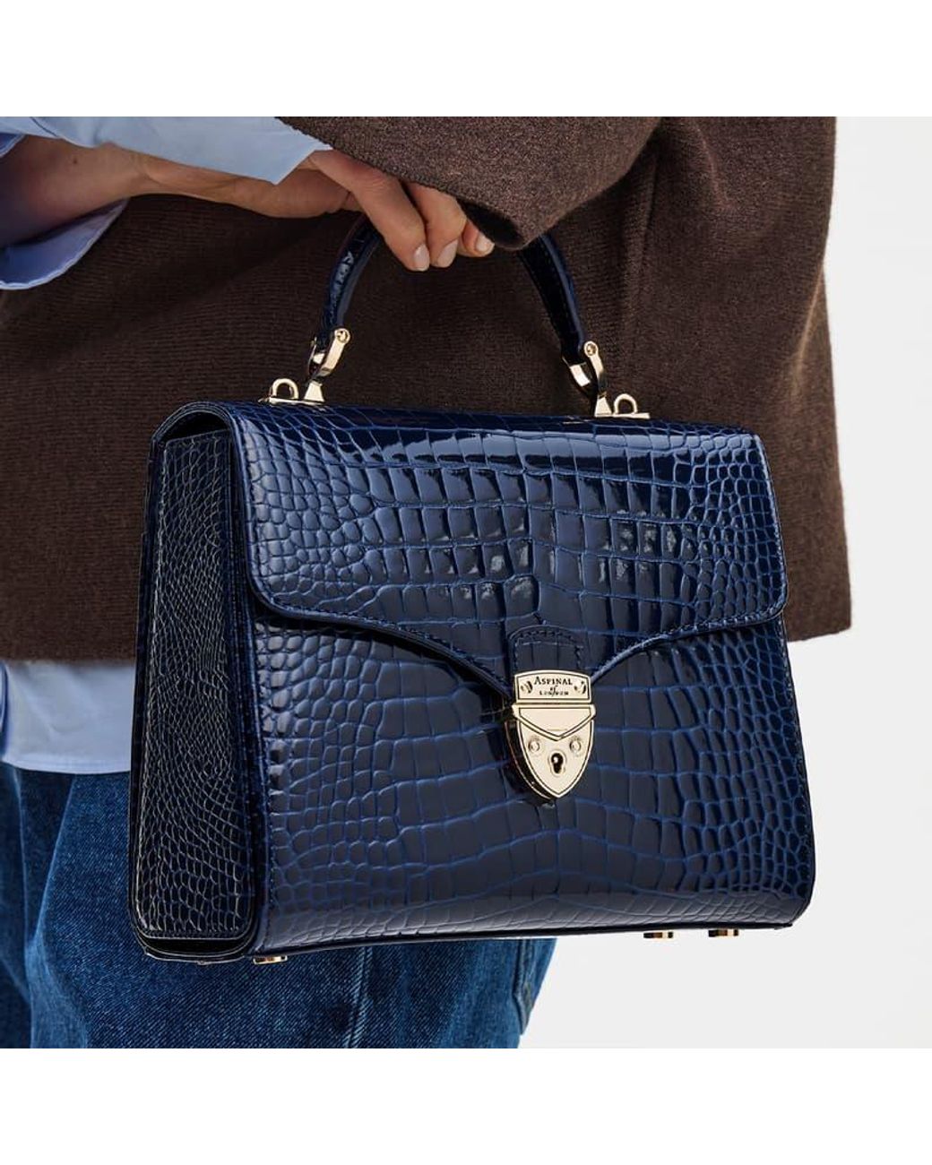 Aspinal Blue Mayfair Dark Leather Crocodile Print Bag