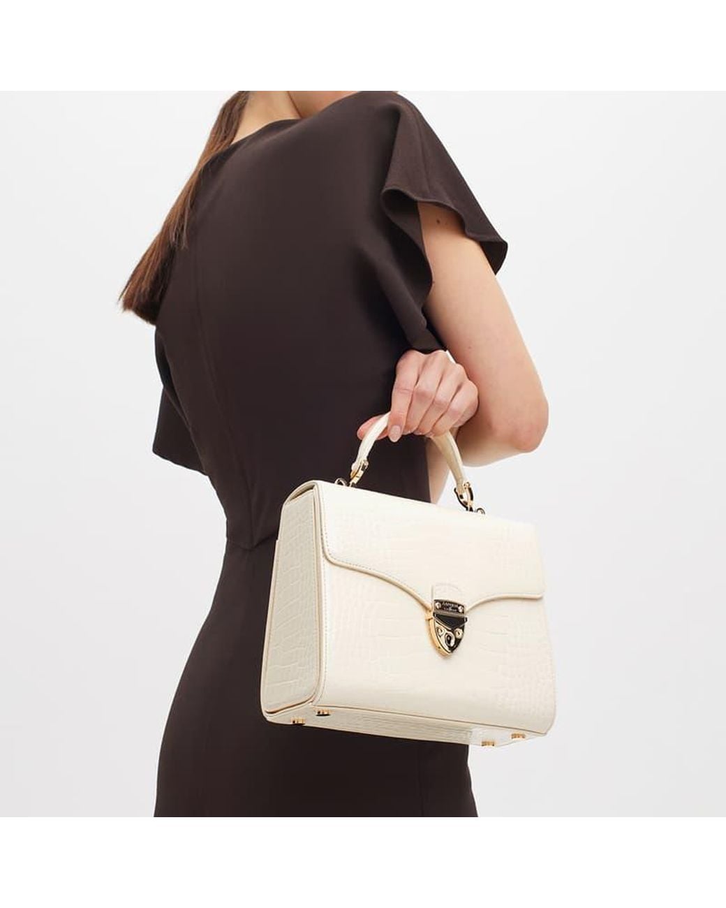 Aspinal White Mayfair Cream Leather Crocodile Print Bag
