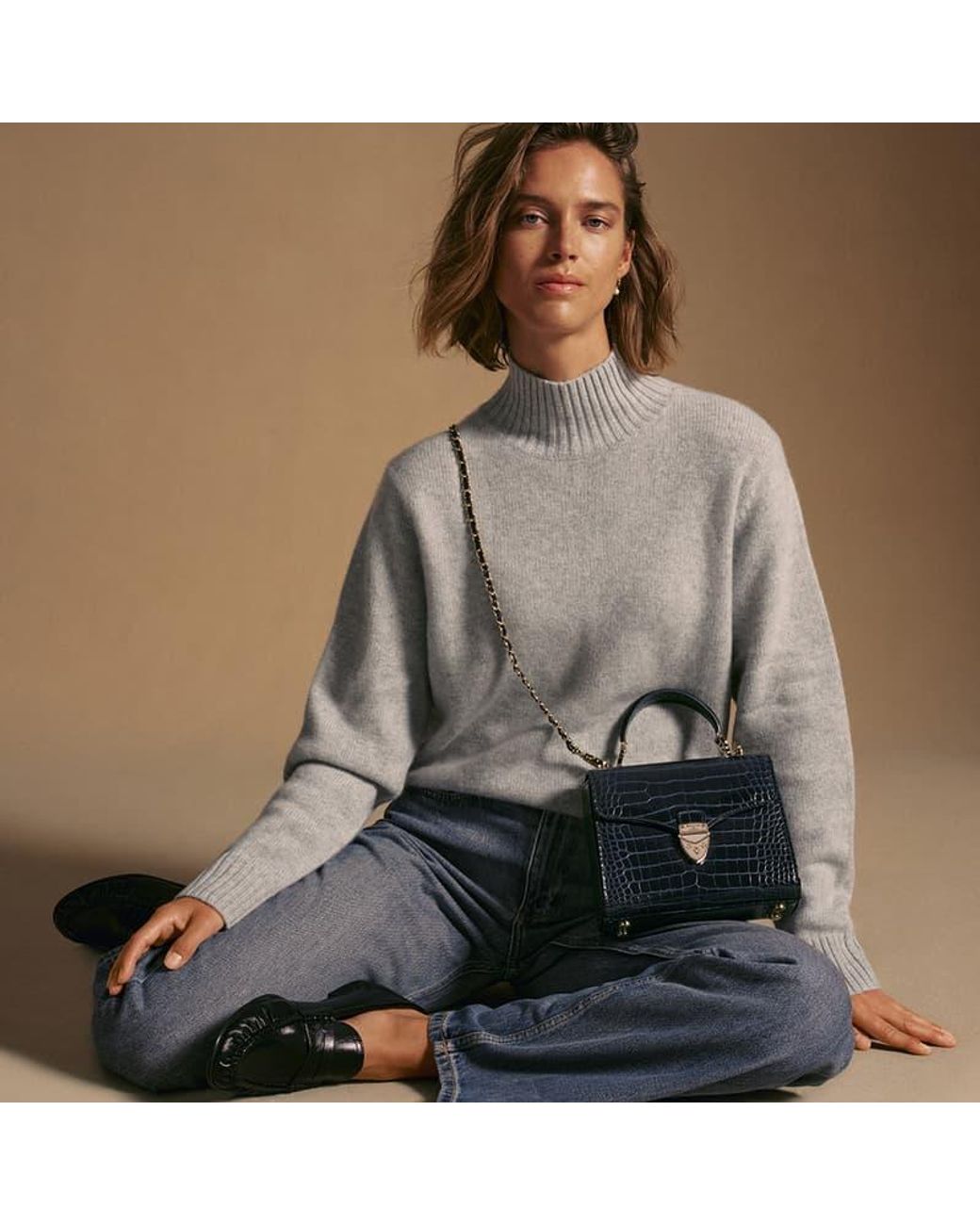 Aspinal Blue Mayfair Midi Midnight Patent Croc Bag