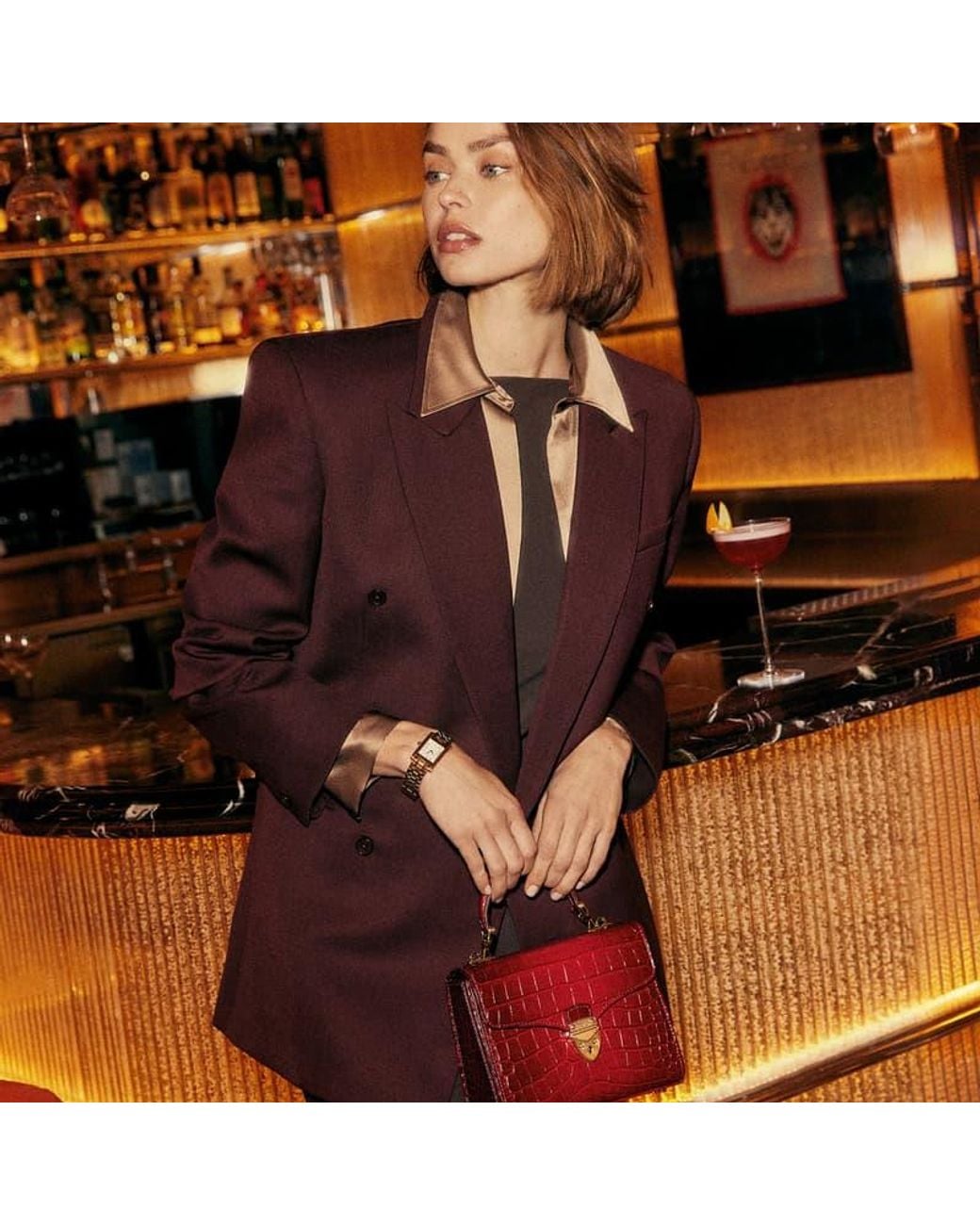 Aspinal Red Mayfair Midi Burgundy Crocodile Print Bag