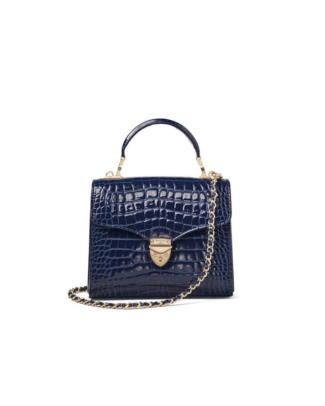 Aspinal Blue Mayfair Midi Midnight Patent Croc Bag