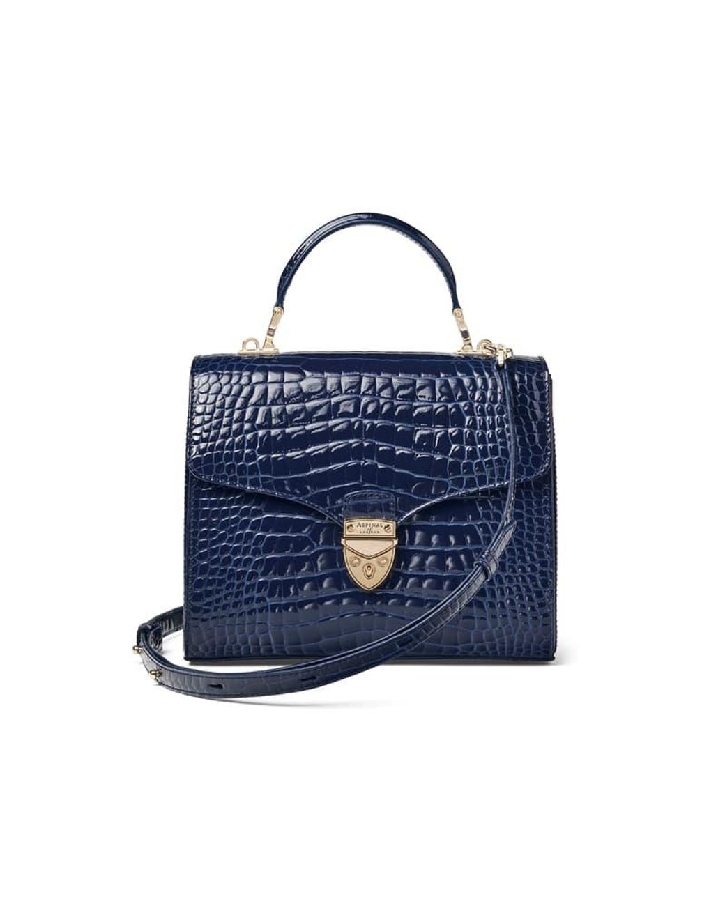 Aspinal Blue Mayfair Dark Leather Crocodile Print Bag