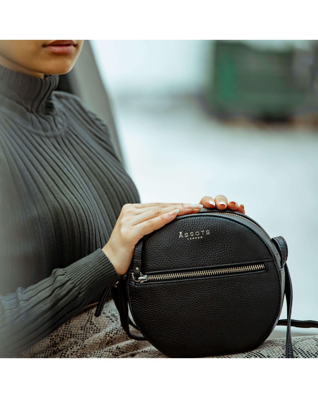 Assots London 'jane' Black Pebble Grain Leather Round Designer Crossbody  Bag | Lyst UK