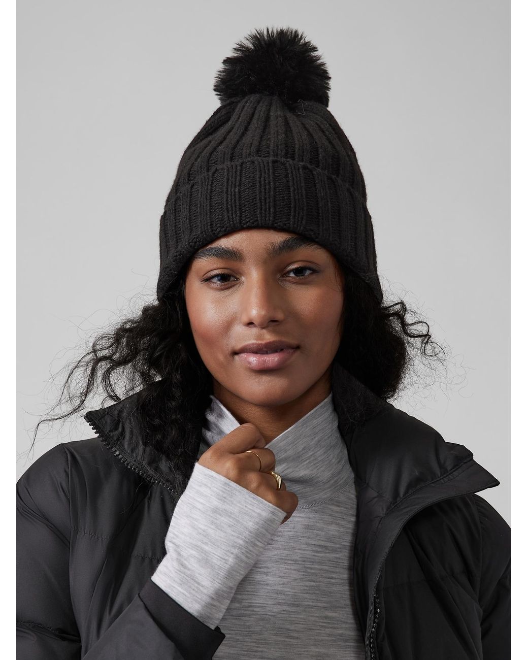 Athleta Wool Ribbed Pom Beanie in Black 