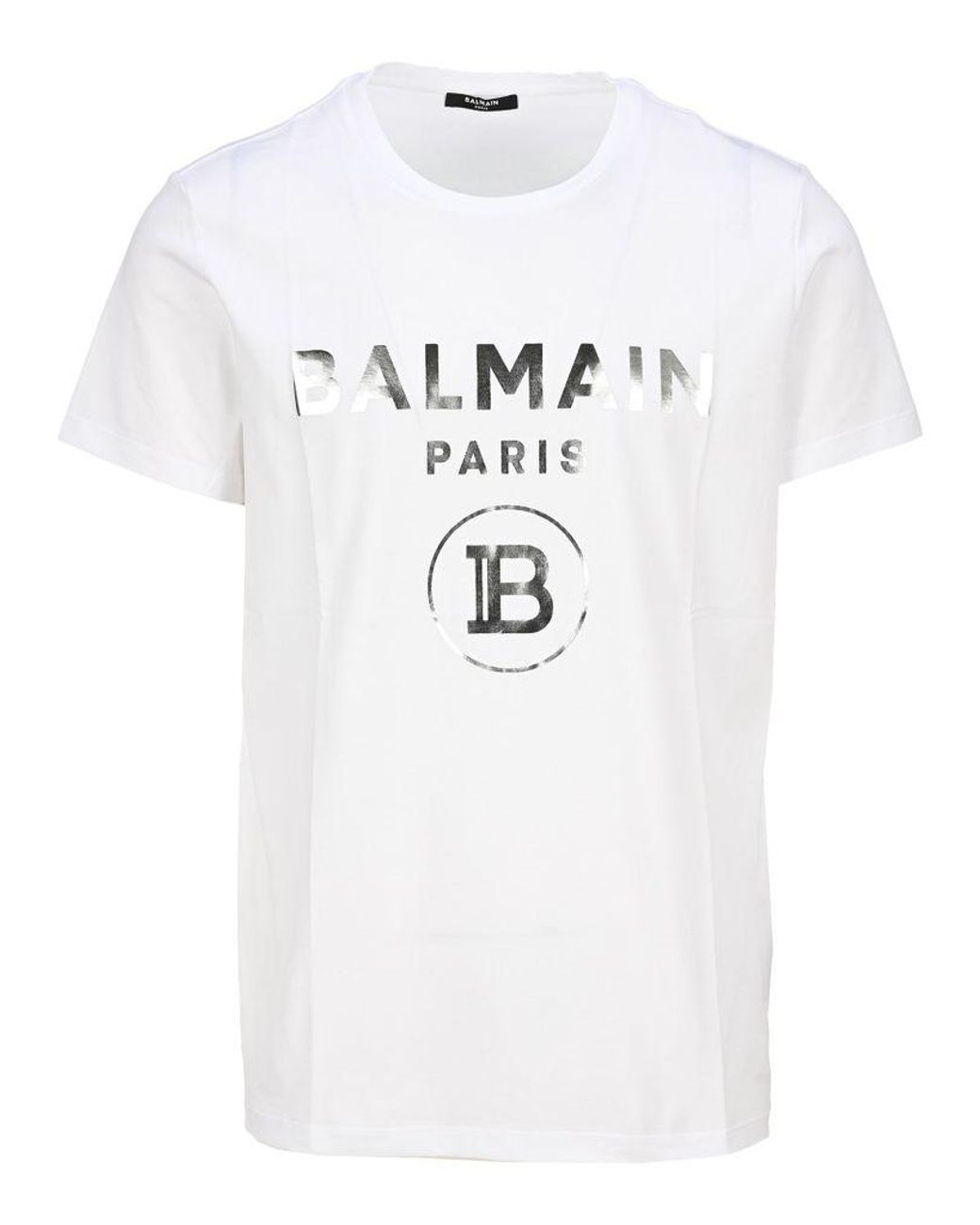 Balmain Metallic Silver Logo T-shirt in White for Men - Lyst