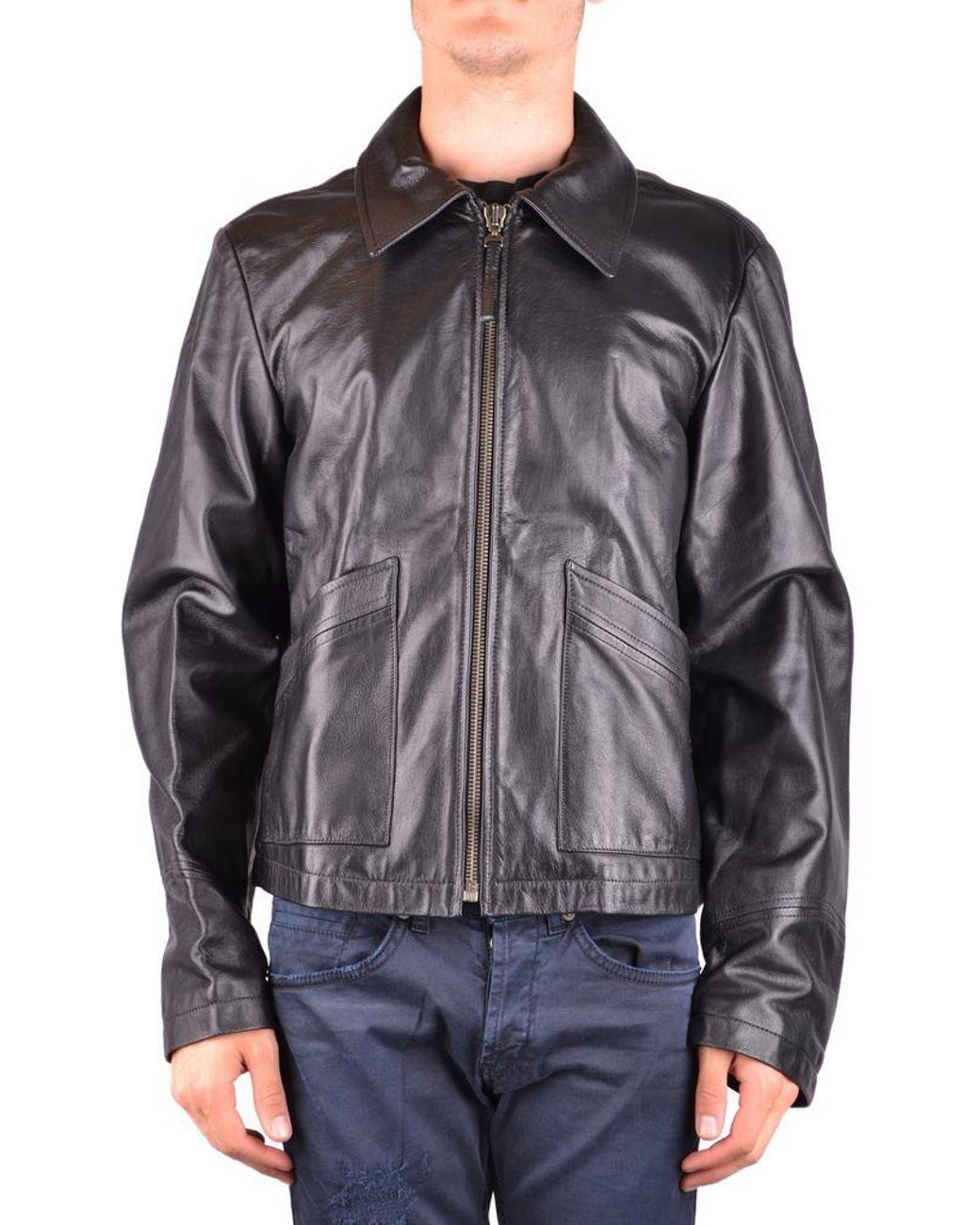 Armani Jeans Leather Jacket with Nylon Insets in Blue for Men