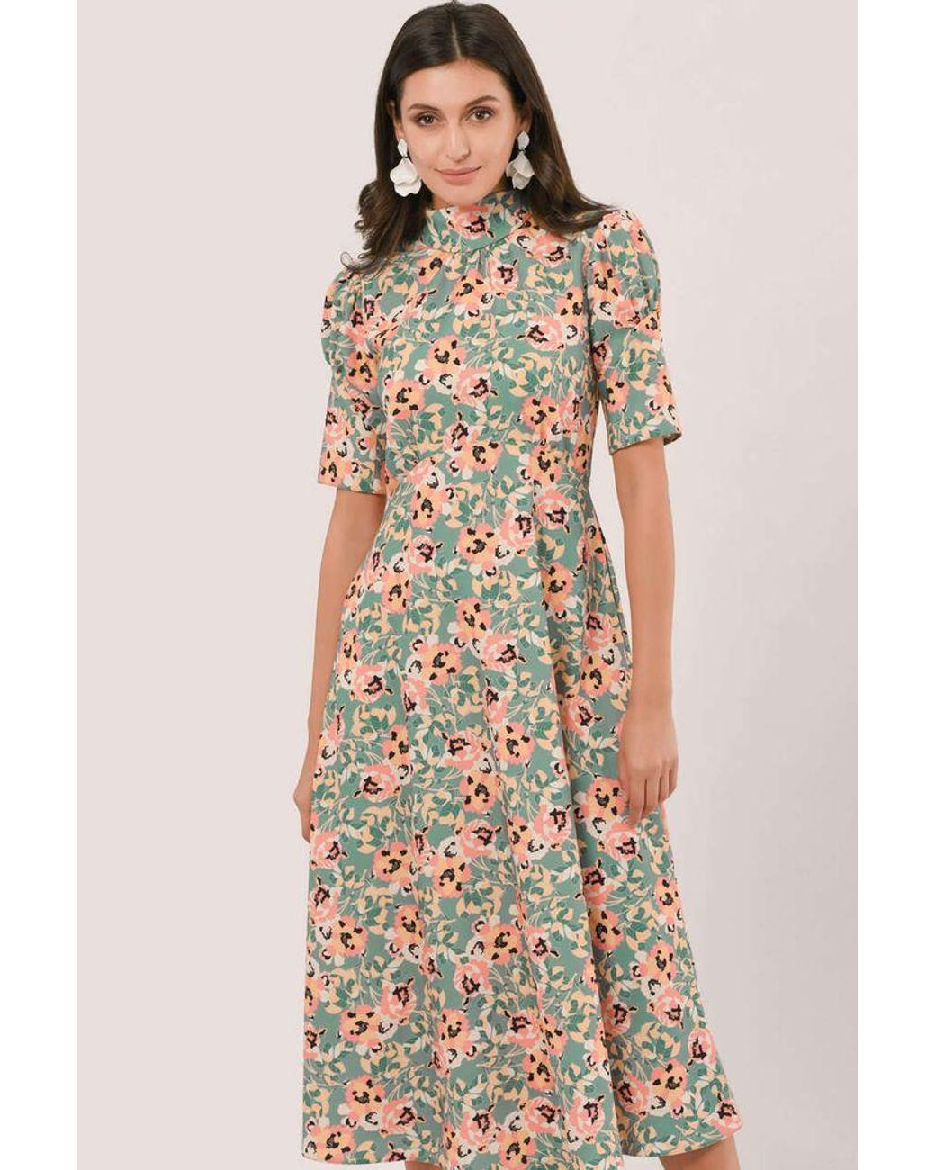 high neck floral midi dress