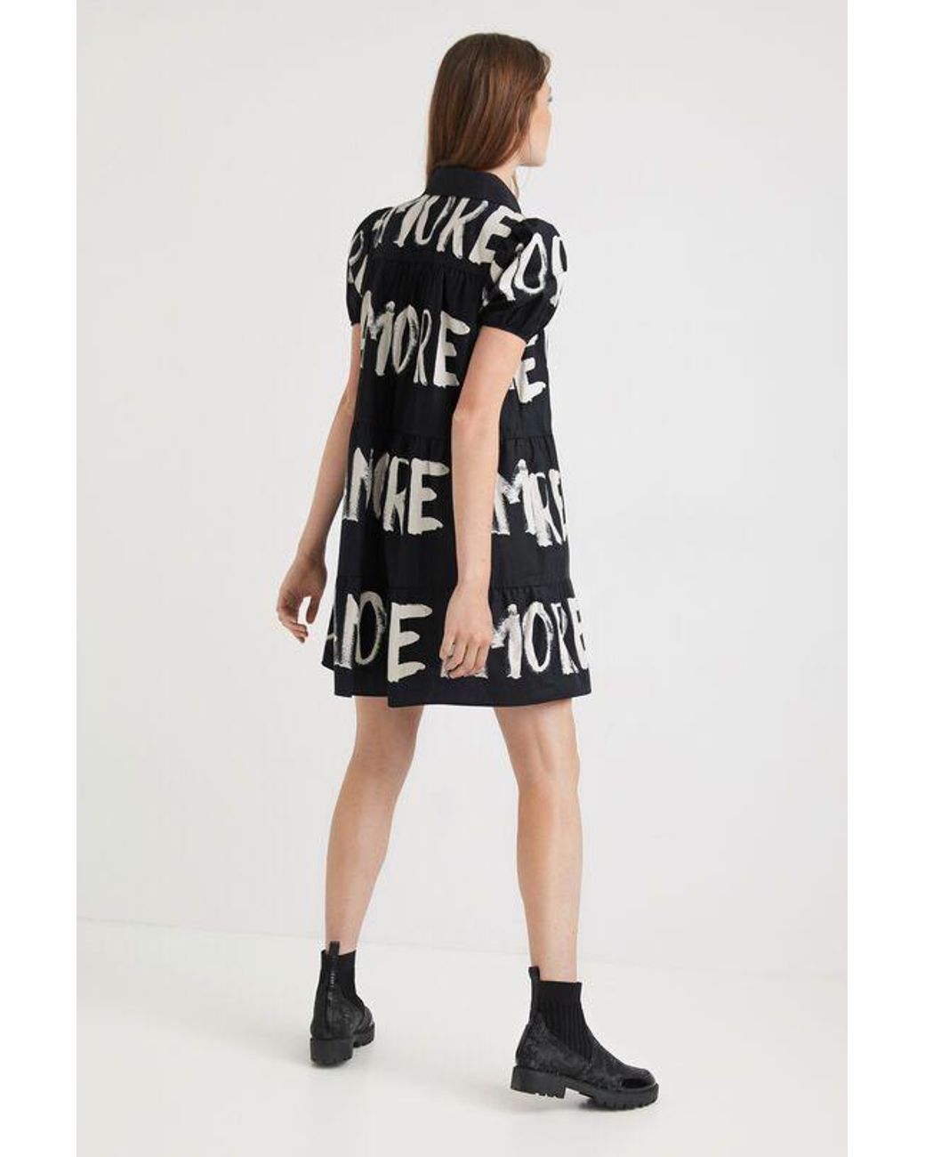 Desigual Short Cotton Shirt Dress With Amore Print - Negro in Black | Lyst