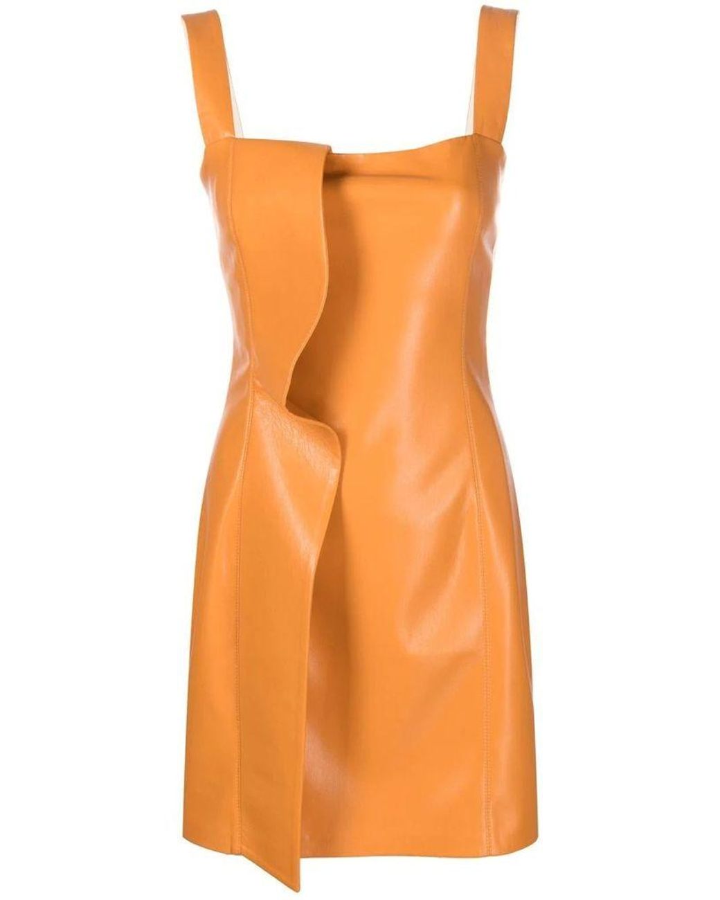 Orange Square-neck Faux-leather Dress ...