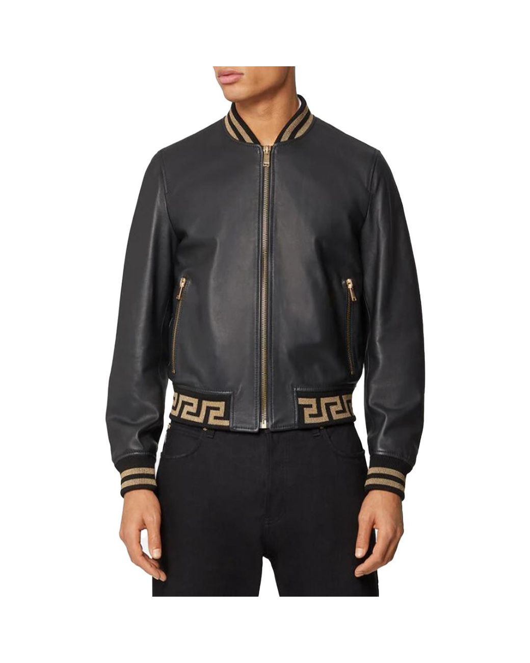 Versace Greca Nappa Leather Bomber Jacket in Black for Men | Lyst