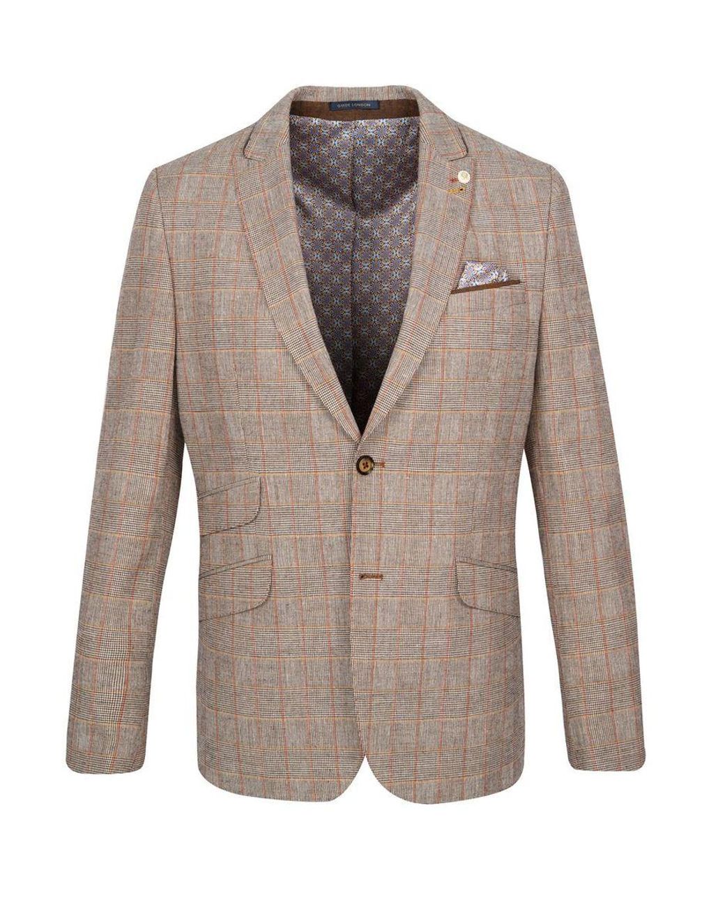 Guide London Wool Taupe With Orange Check Glen Plaid Suit Jacket in ...