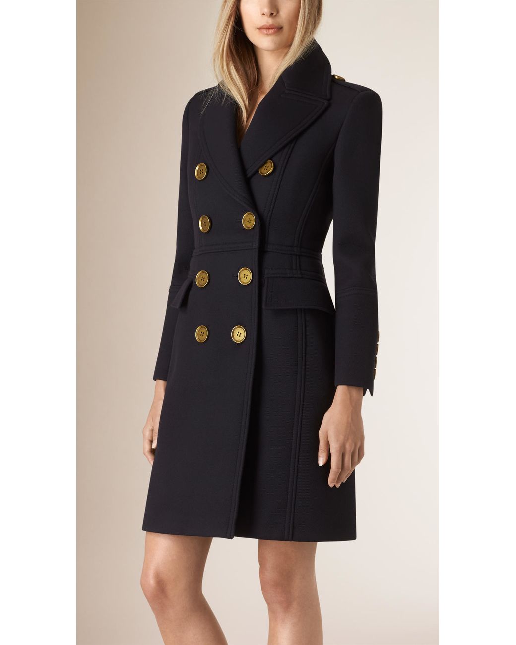 Burberry Leather Trim Wool Military Coat in Blue | Lyst