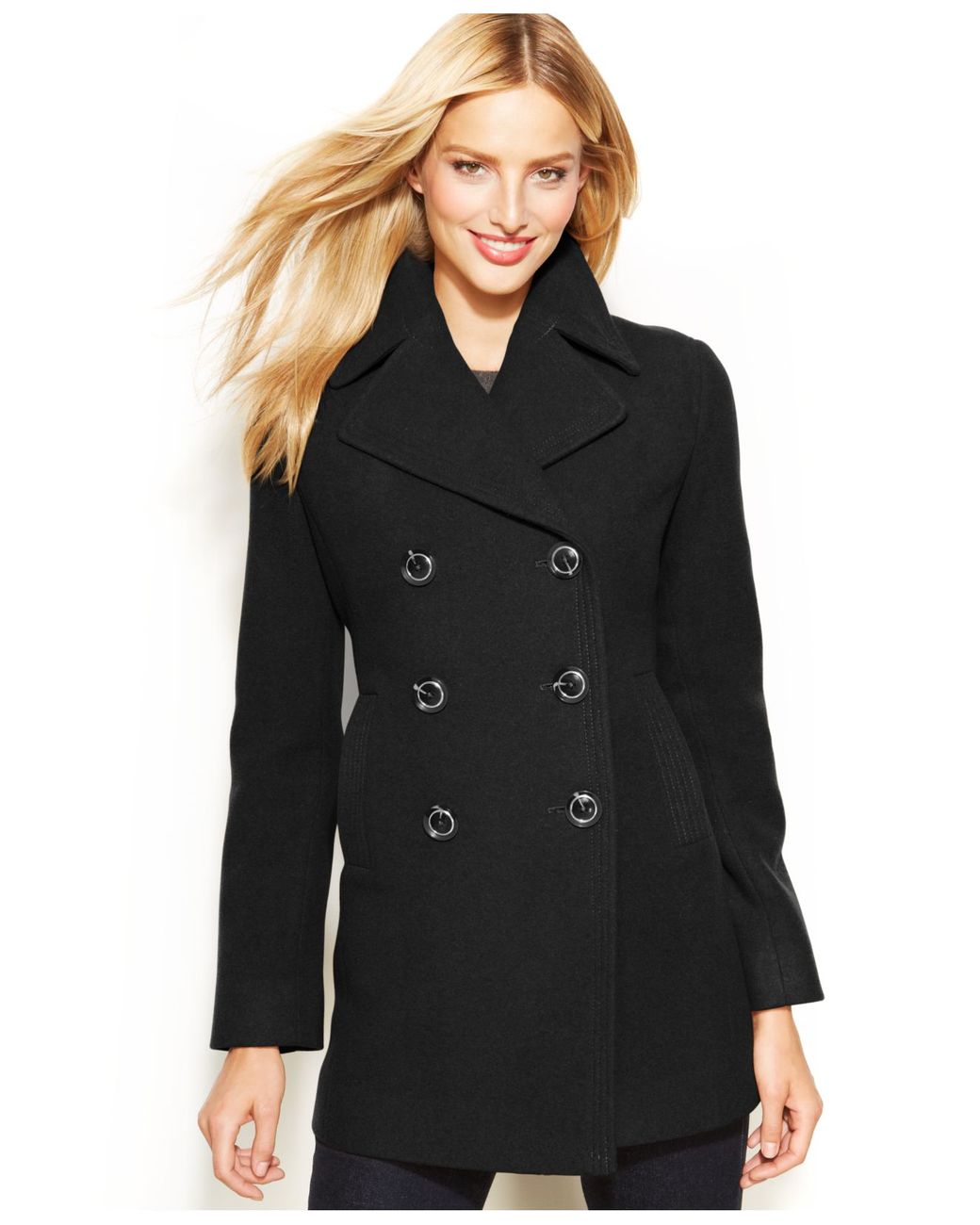 Kenneth Cole Reaction Petite Double-Breasted Wool-Blend Pea Coat in ...