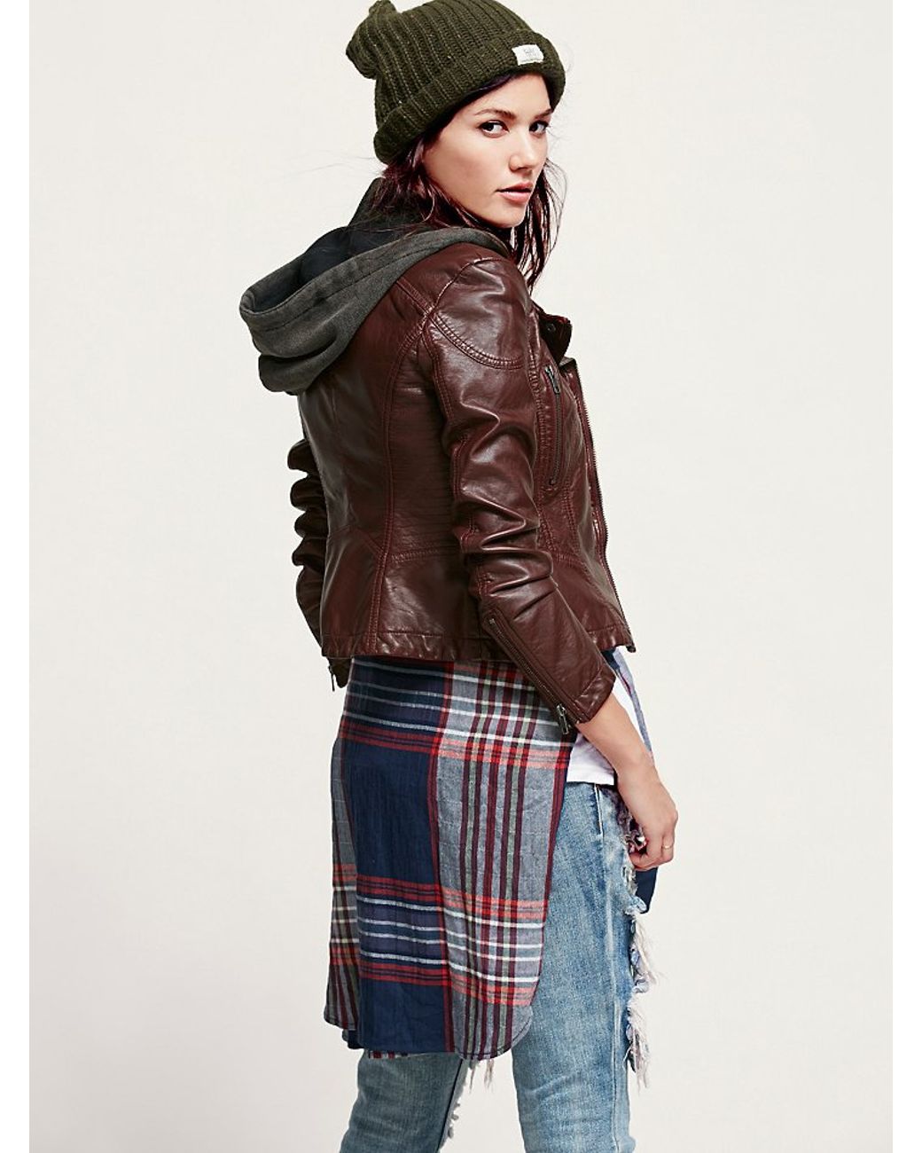 Free People Vegan Leather Hooded Jacket in Red Lyst