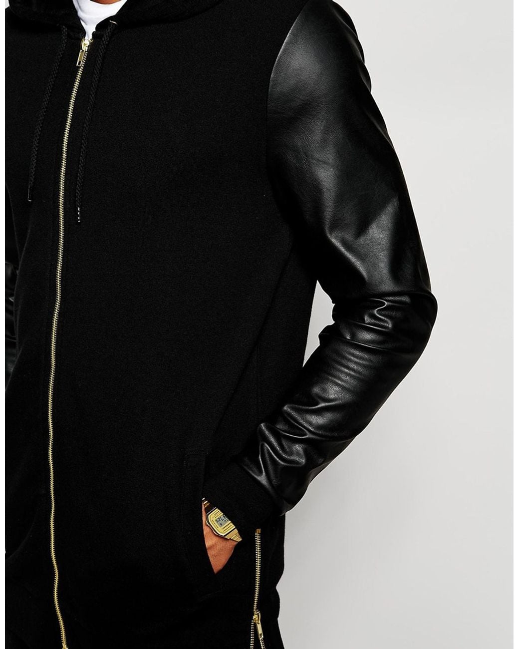 ASOS Longline Zip Up Hoodie With Side Zips & Faux Leather Sleeves in
