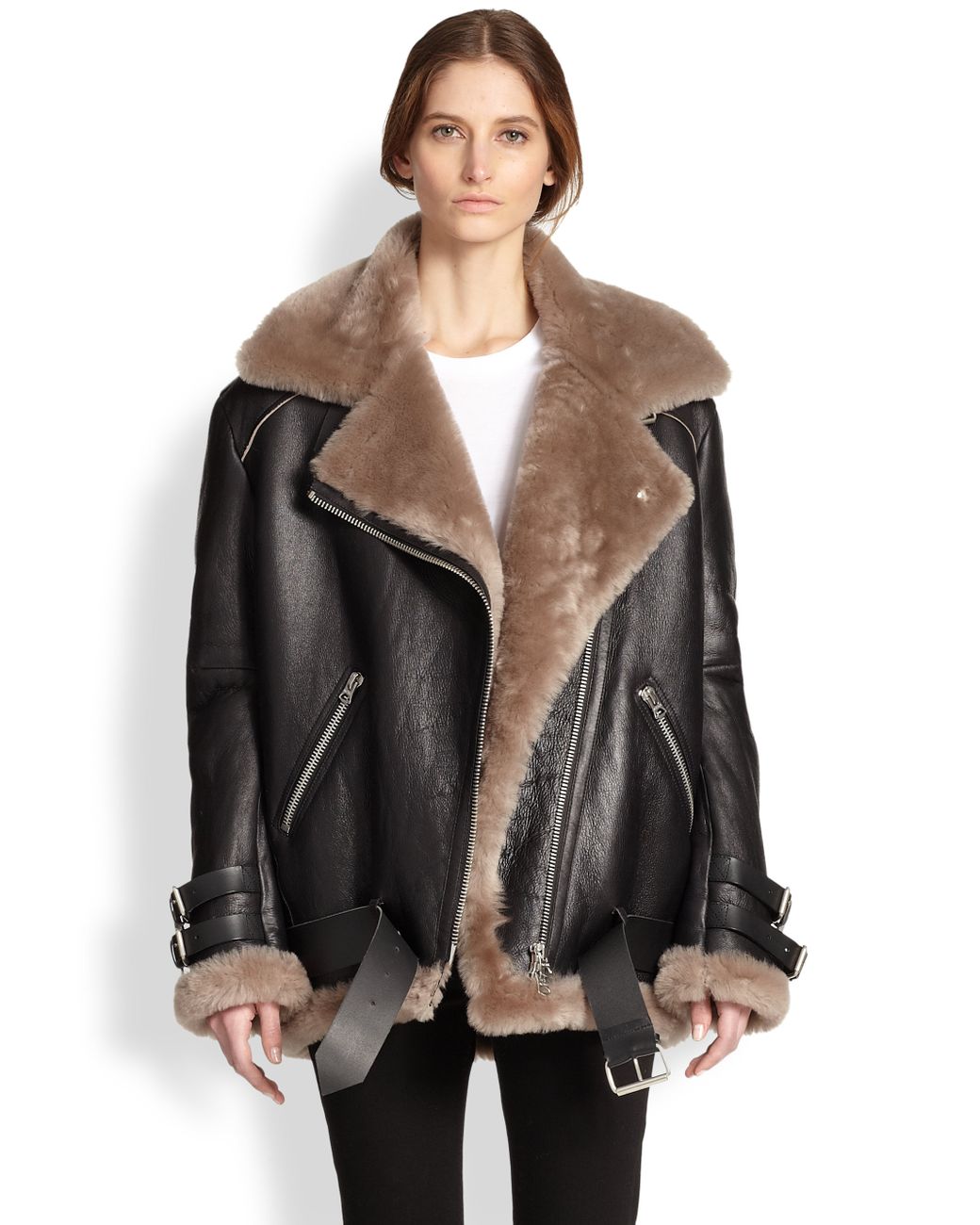Acne Studios Velocite Oversized Leather & Lamb Shearling Moto Jacket in ...