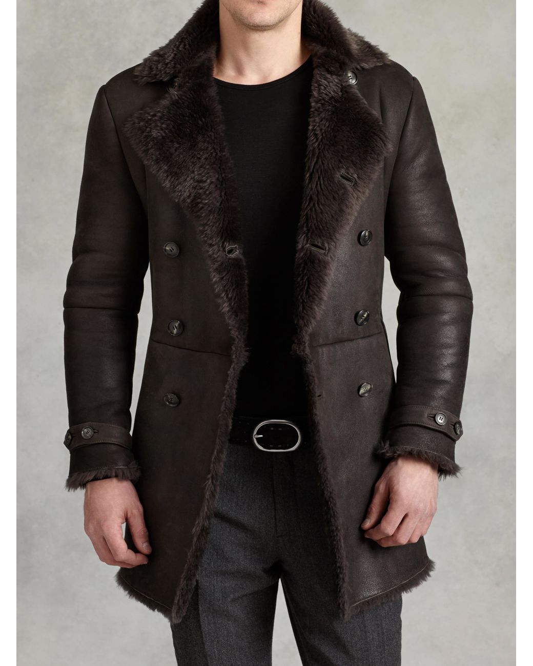 John Varvatos Double Breasted Shearling Coat in Brown for Men | Lyst