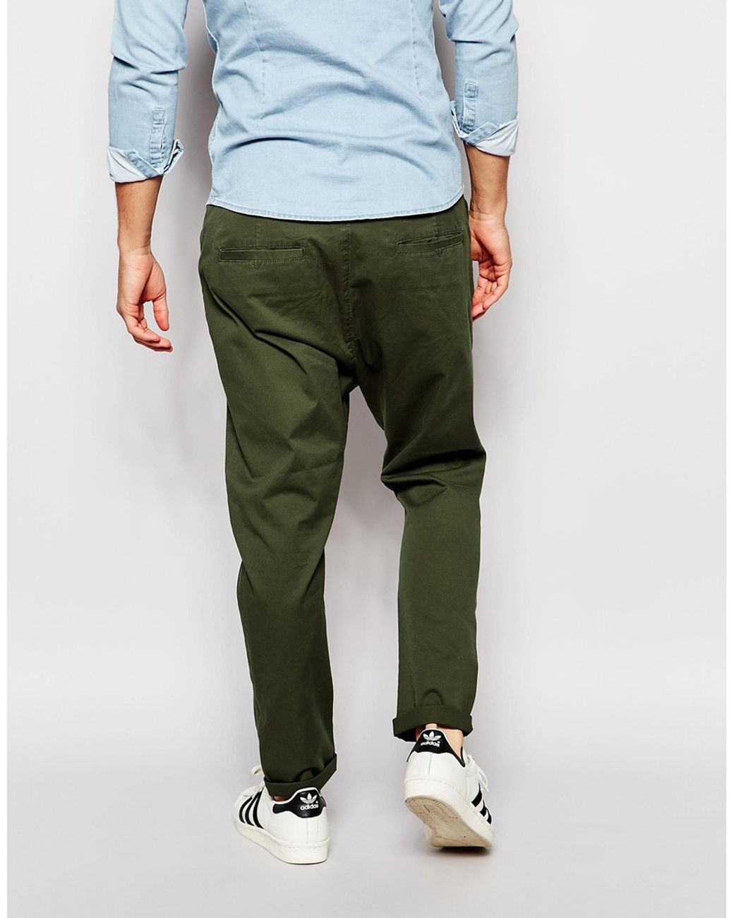 ASOS Drop Crotch Chinos In Dark Khaki in Green for Men | Lyst