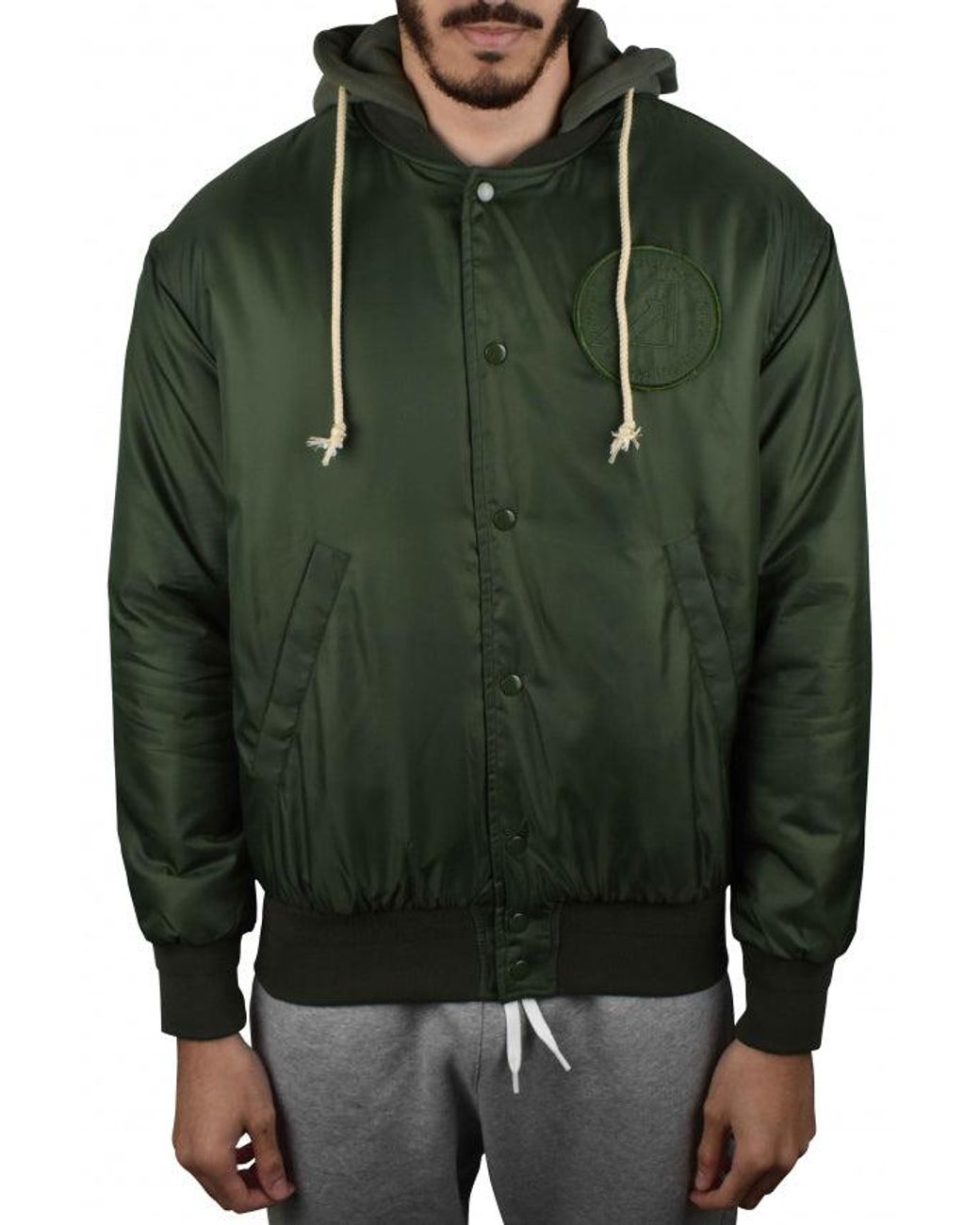 Autry Green Hooded Bomber Jacket With Embroidered Logos