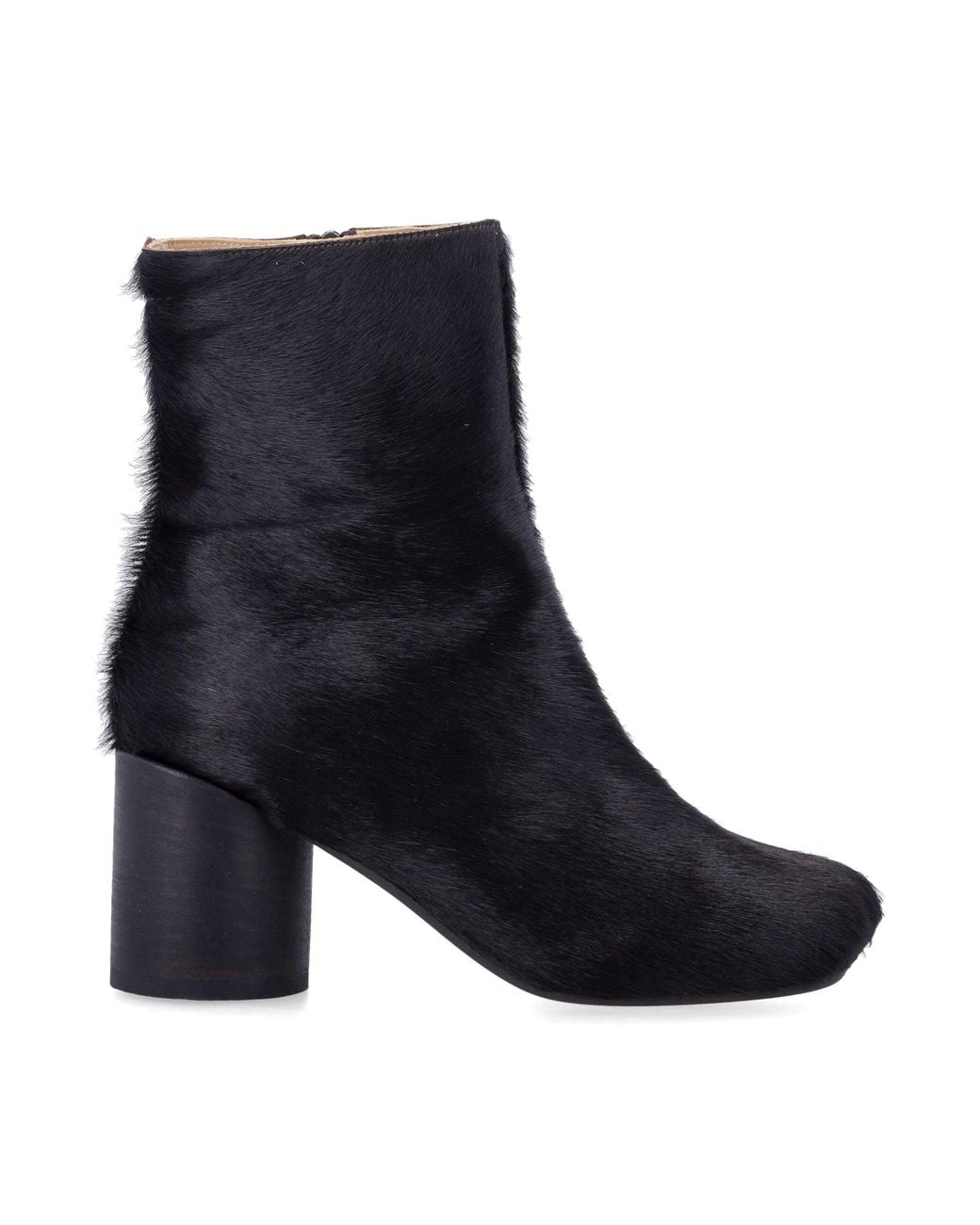 MM6 by Maison Margiela Black Square-Toe Hair-On Leather Ankle Boots With Side Zip And 7 Cm Block Heel