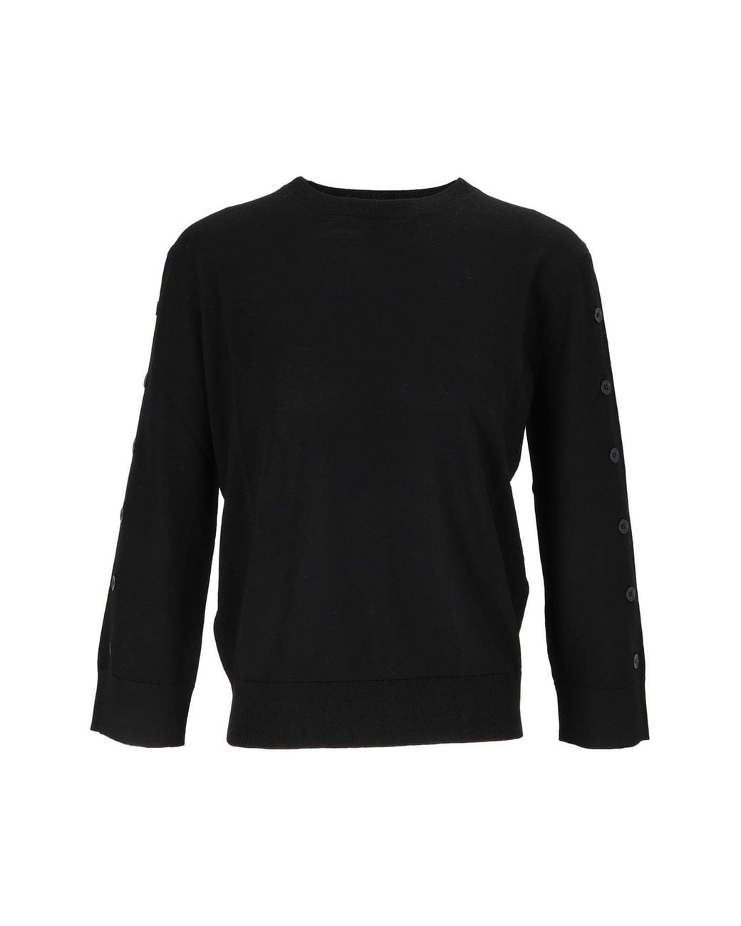 Kangra Cashmere Black Crewneck With Open Sleeves Buttoned Crewneck Sweater