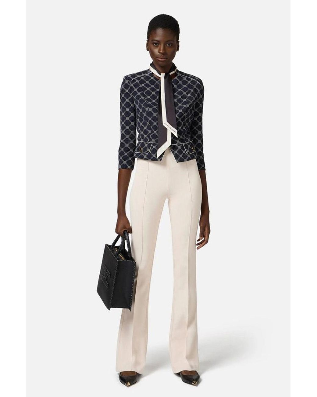 Elisabetta Franchi White Crepe Flared Trousers With Logo Plaque