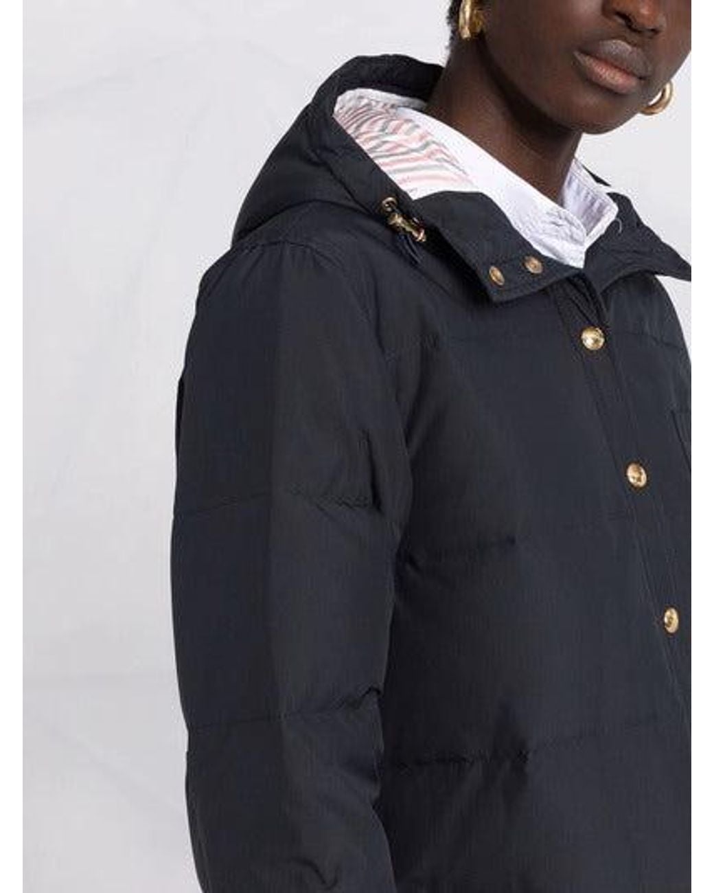 Thom Browne Black Down Filled Below Knee Hooded Shirtdress W/ 4 Bar