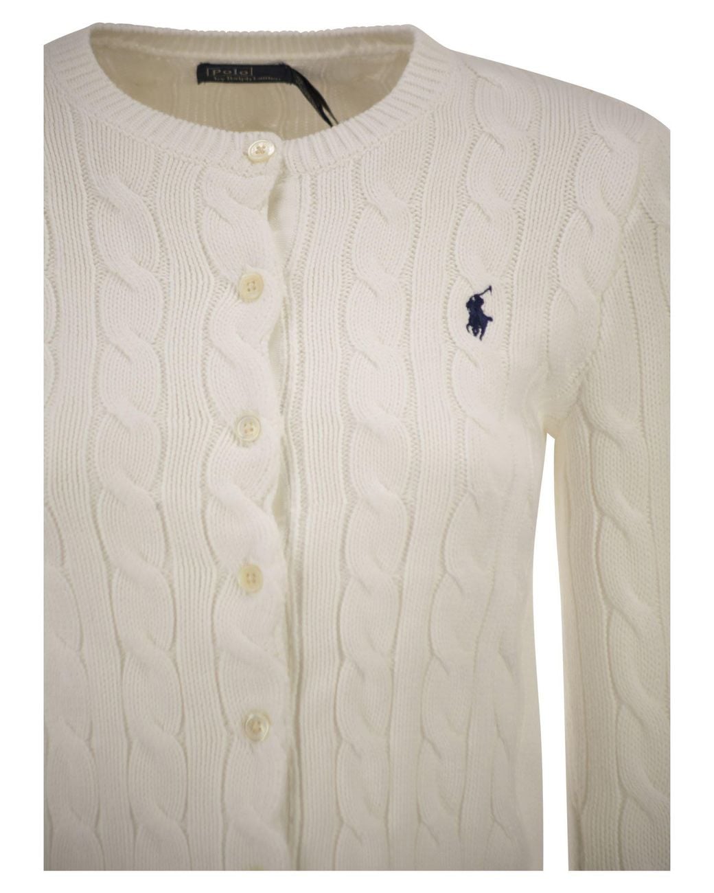 Polo Ralph Lauren White Cable Knit Cotton Crew Neck Cardigan