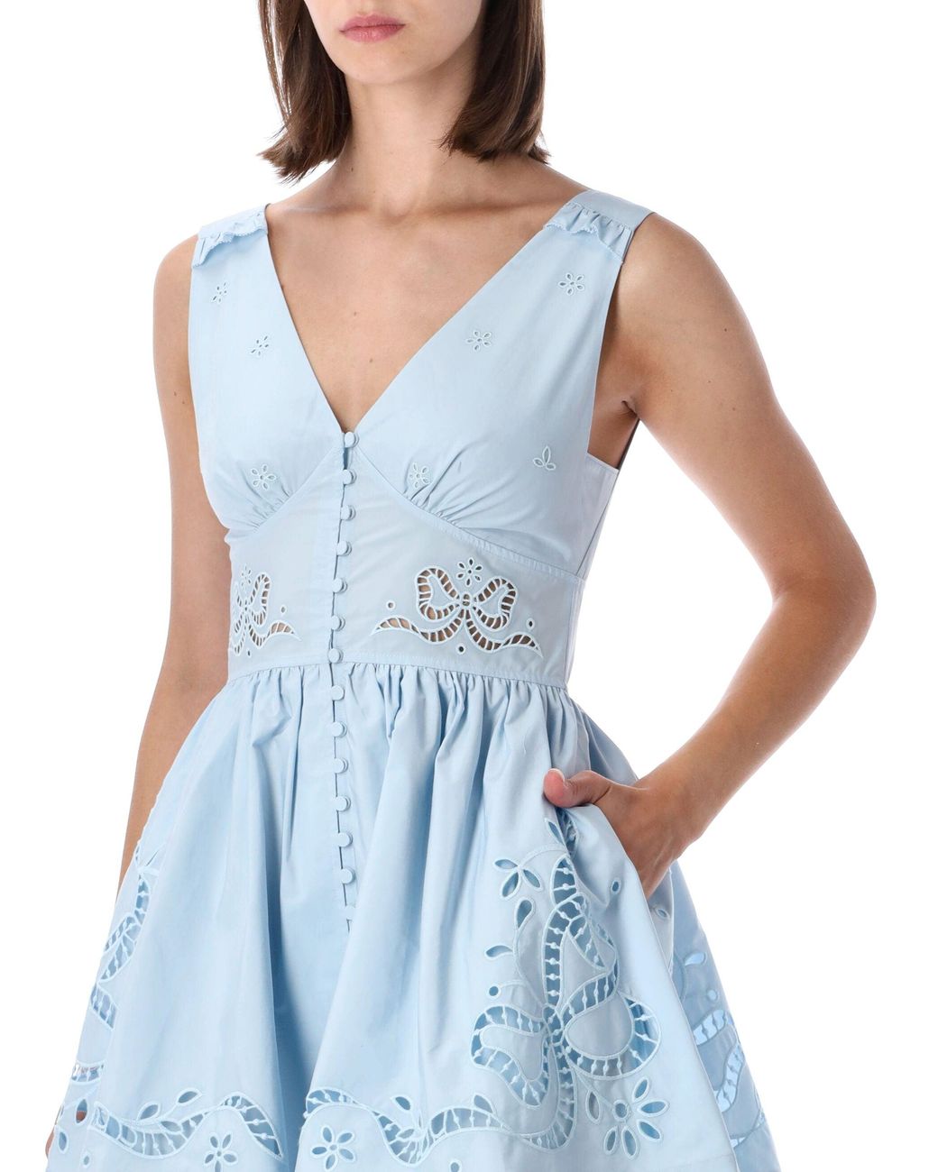 Self-Portrait Blue Embroidered Cotton Mini Dress