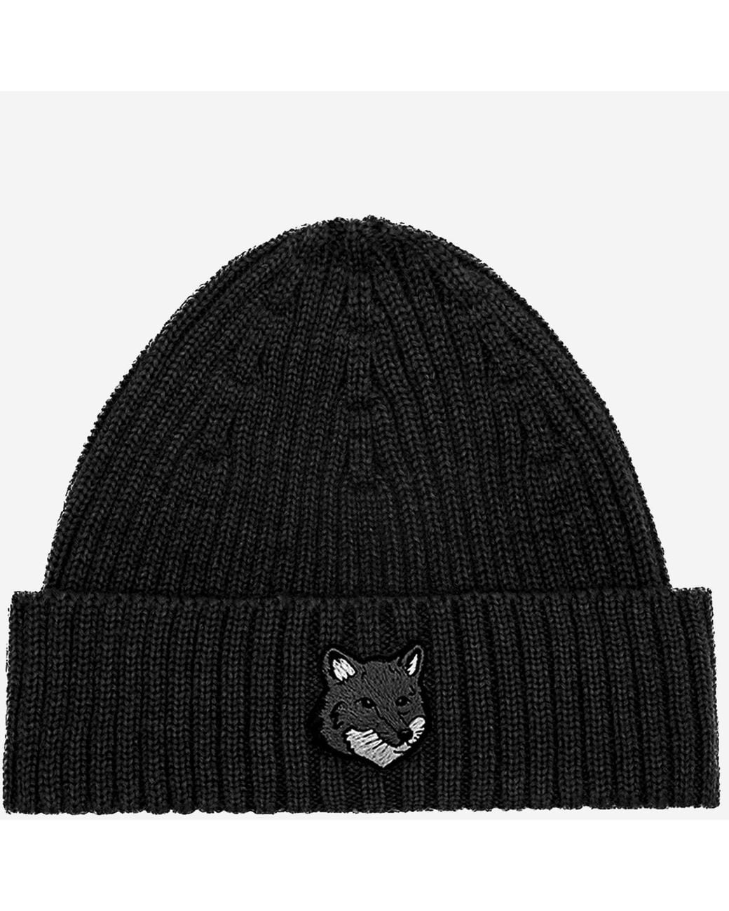 Maison Kitsuné Black Wool Beanie With Logo