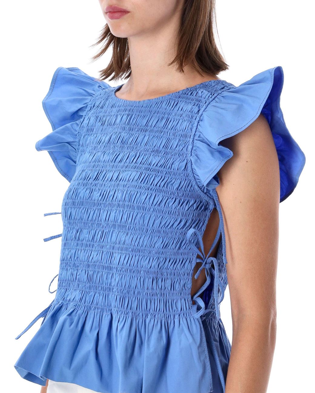 Ganni Blue Smocked Cotton Top