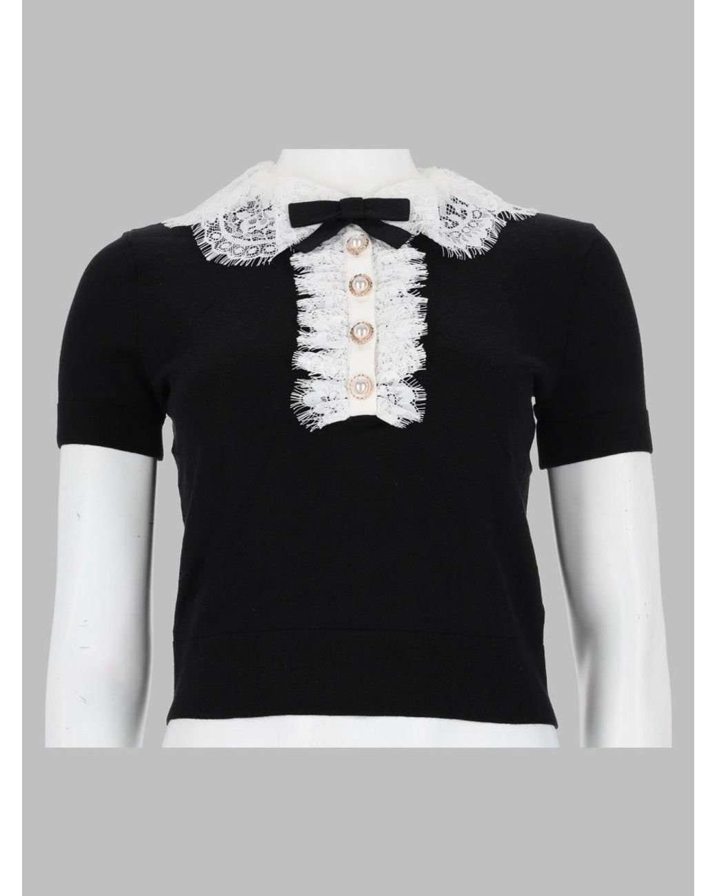 Self-Portrait Black Short-Sleeved Lace Details Wool Top