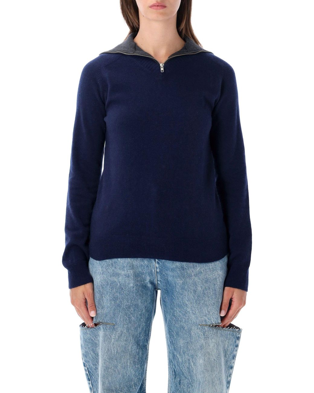 MM6 by Maison Margiela Blue Zip-Neck Wool Blend Sweater