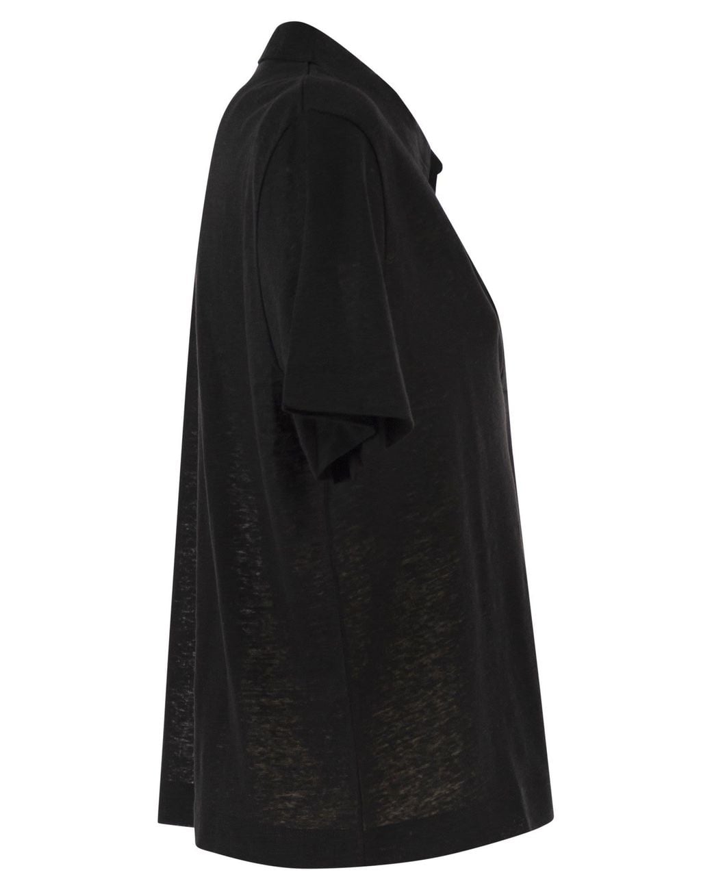 Majestic Black Cropped Linen Stretch Polo With V Neck