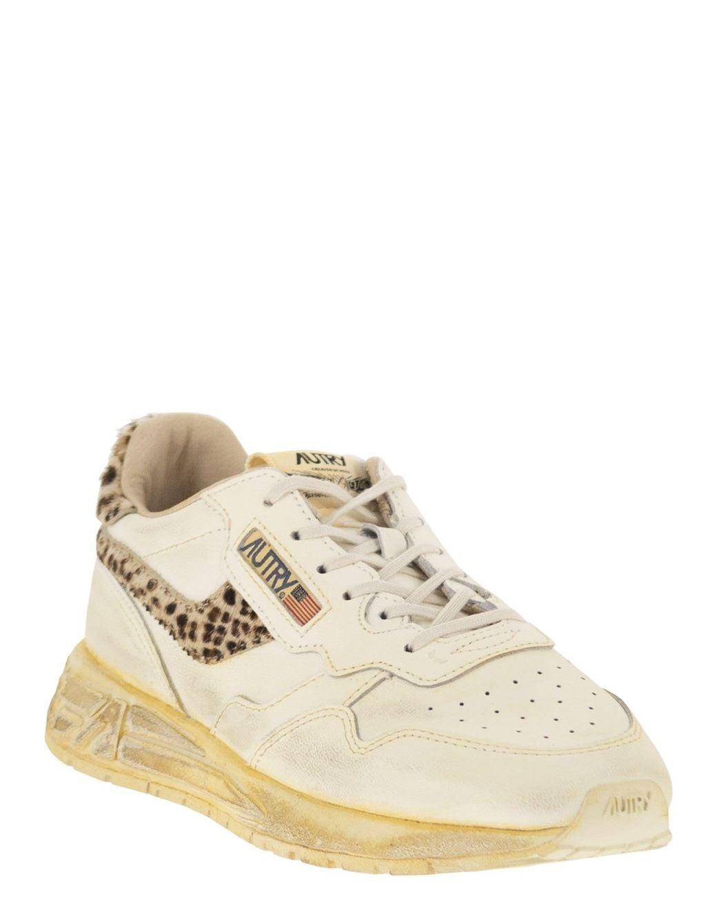 Autry Natural Reelwind Leather Trainers With Genuine Animal Print Haircalf Details