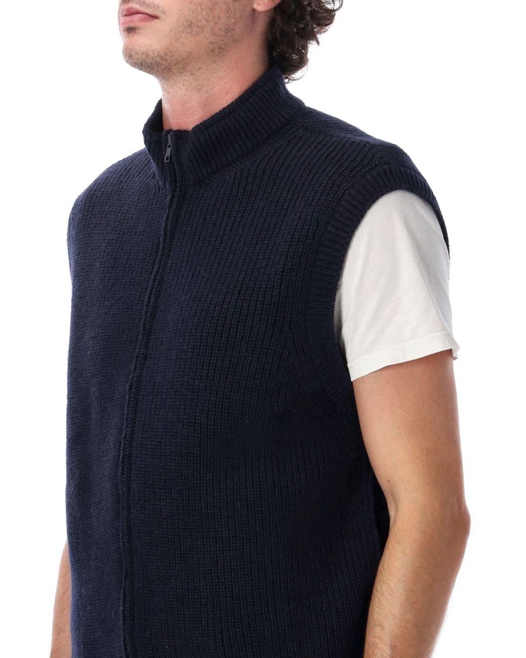 Margaret Howell Blue Wool Zip-Front Knit Vest for men